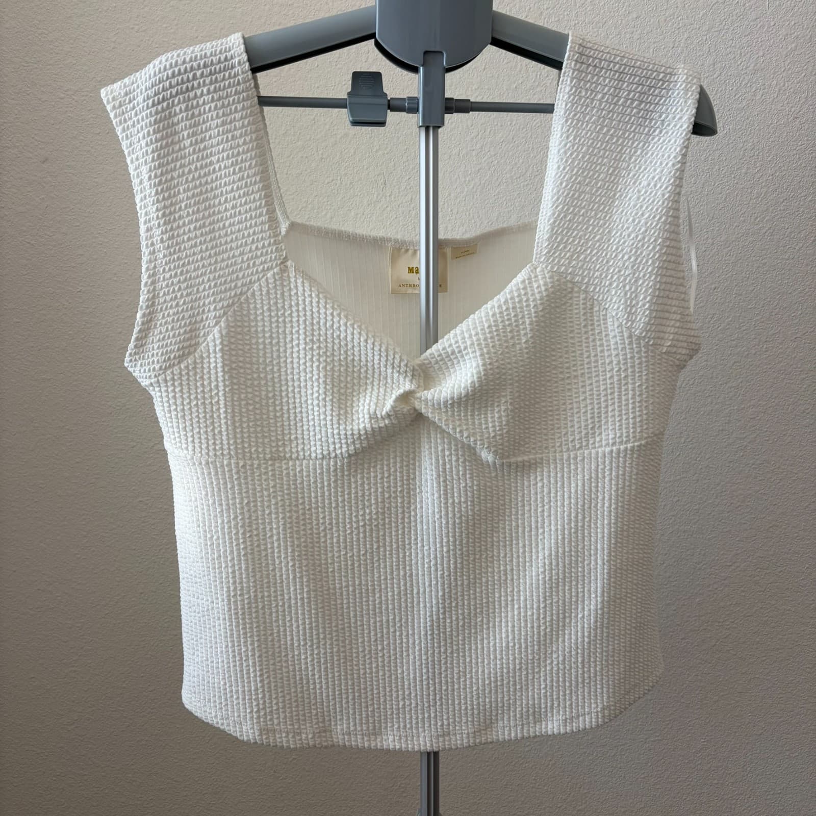 Maeve Anthropologie Crop Top XL White Textured Knot Front Sleeveless Square Neck