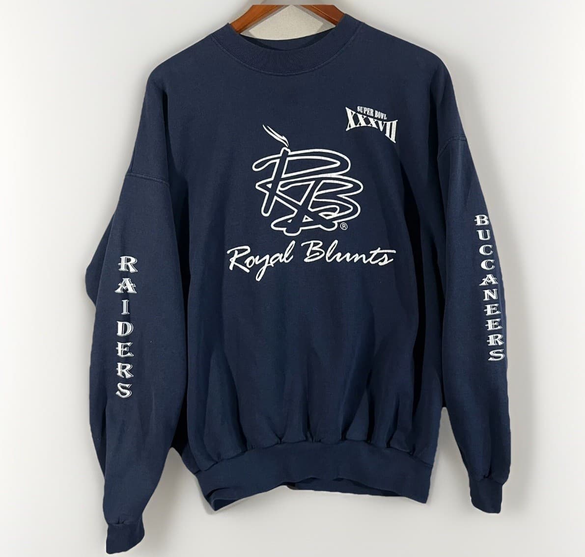 VTG 03' Super Bowl XXXVII Sweater Mens XL Blue Football NFL Royal Blunts Raiders