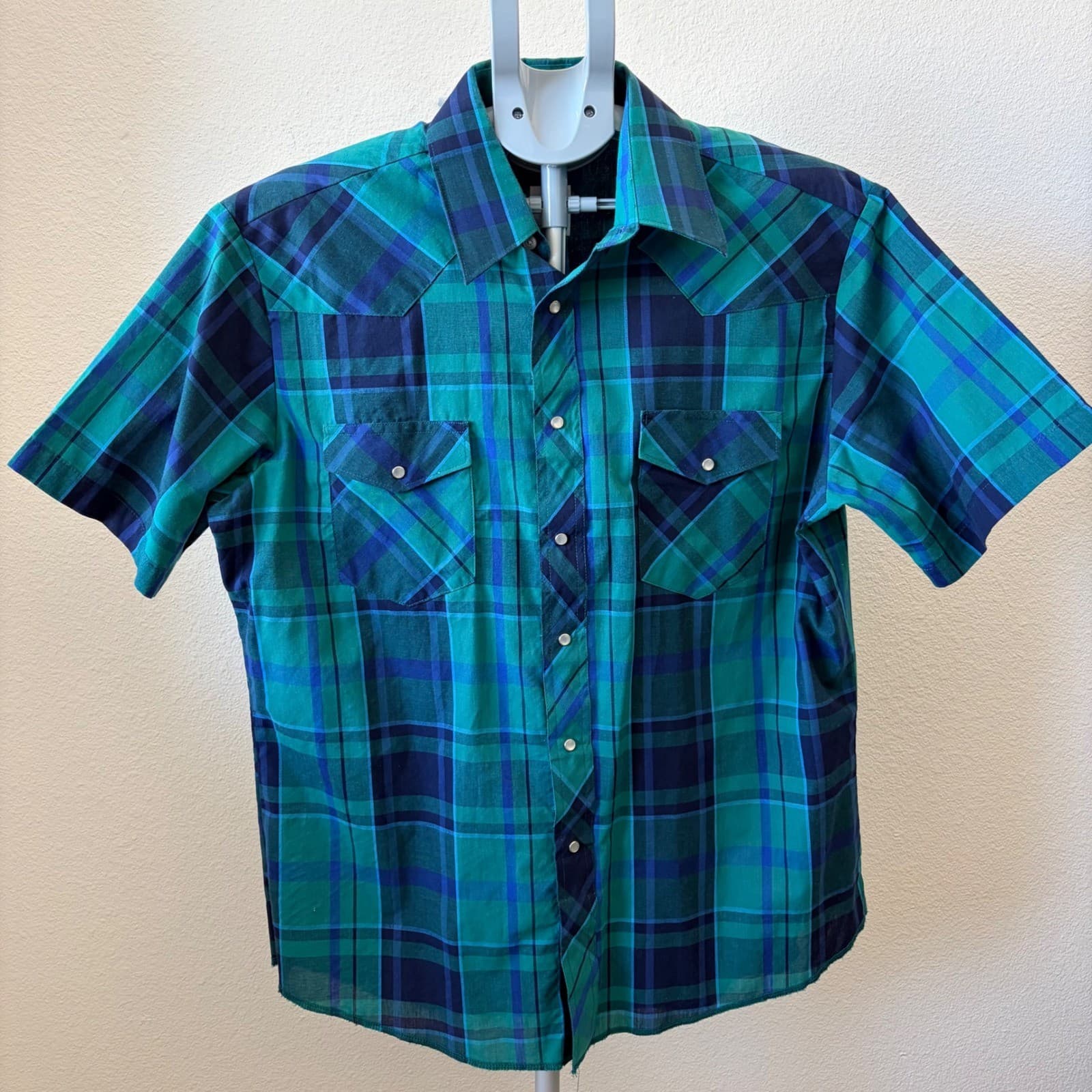 Wrangler Western Shirt Mens LG Teal Navy Plaid Pearl Snap Short Sleeve 76204PP
