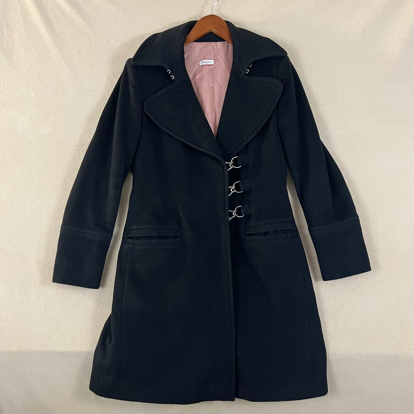 MAX&CO. Classic Coat Womens Black Size 42 Wool Pea Coat Mantello Metal Buckles