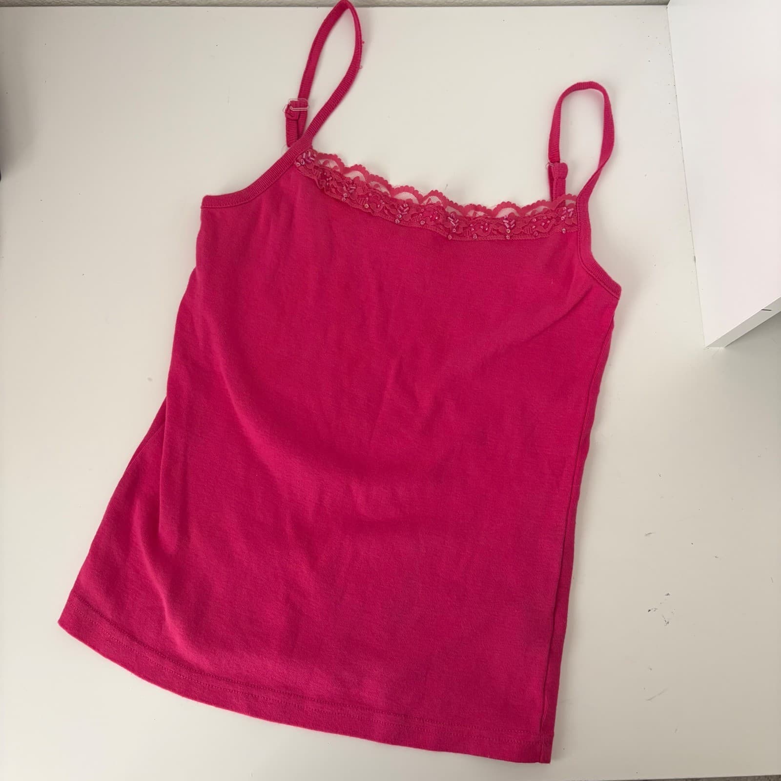Cami Tank Top Womens Small (4/6) Hot Pink Lace Trim Beaded Y2K Vintage 2000s