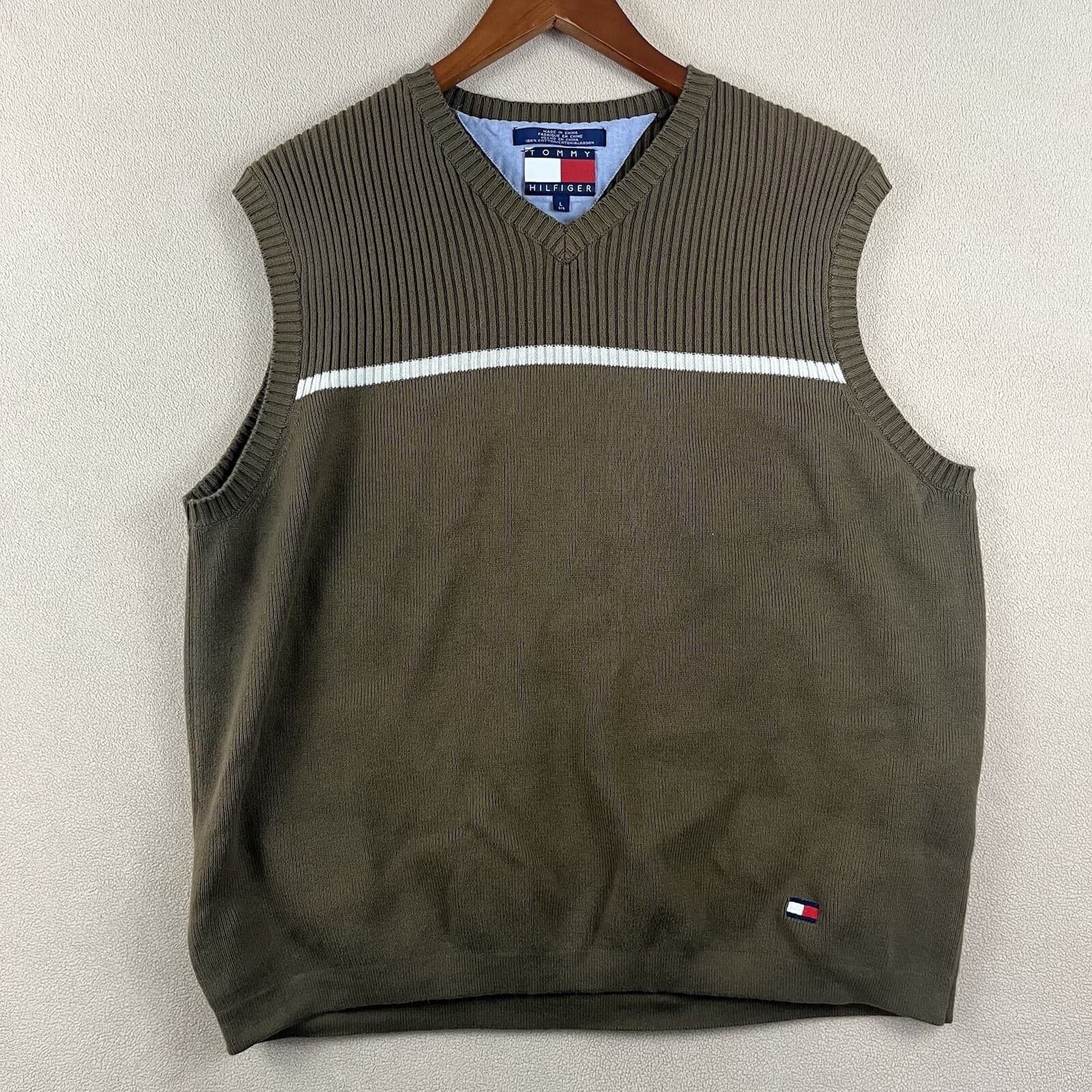 Tommy Hilfiger Mens Golf Sweater Vest Sz LG Olive Green Academia Ivy League Y2K