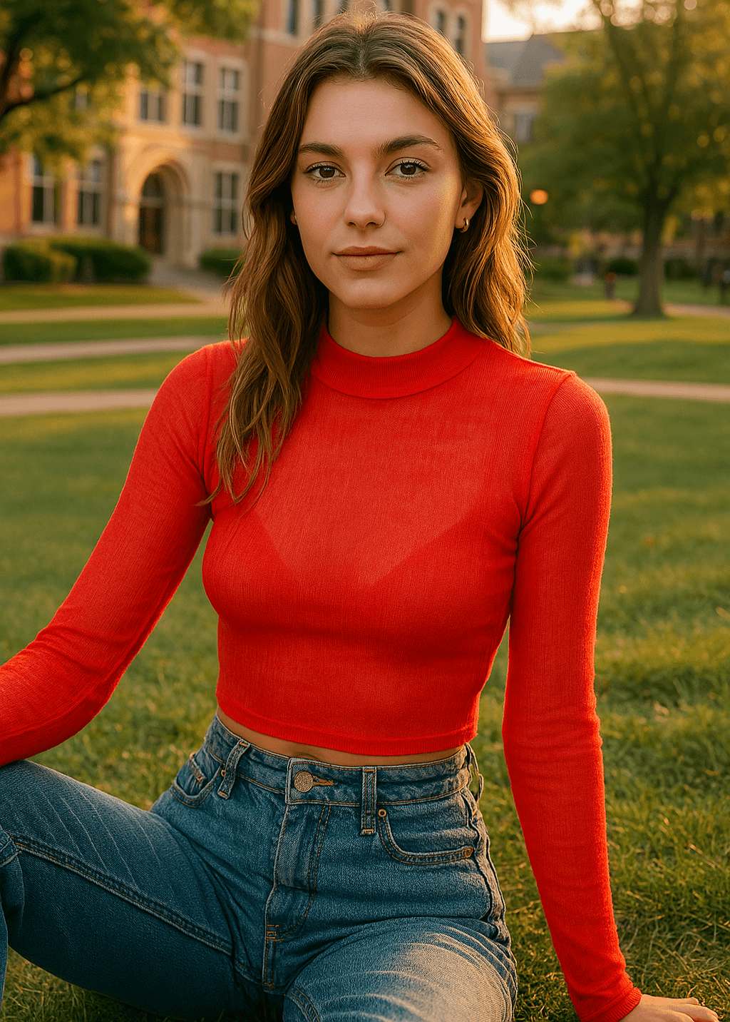 Trouve Womens Cherry Red Crop Top Long Sleeves Semi Sheer Angora Rabbit Blend