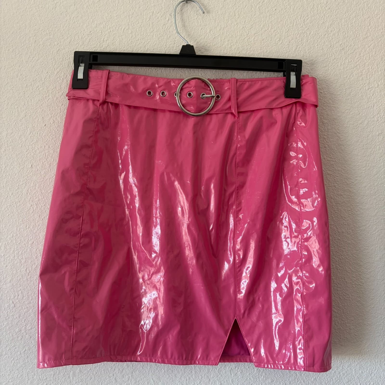 Hours Pink Vinyl Mini Skirt Belted High Waist Glossy Slit Size S Retro Festival