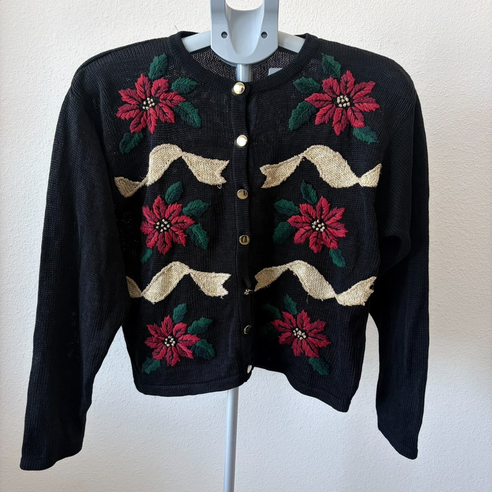 Vtg Dress Barn Christmas Cardigan Embroidered Flowers Holiday Medium Black FLAW
