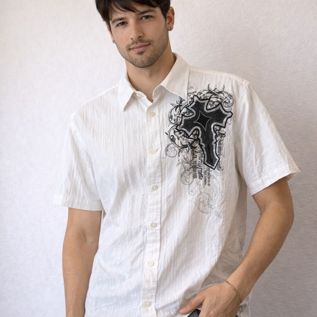 VTG Eighty Eight Button Short Sleeve Shirt Mens XL White Cross Grunge Y2K Punk