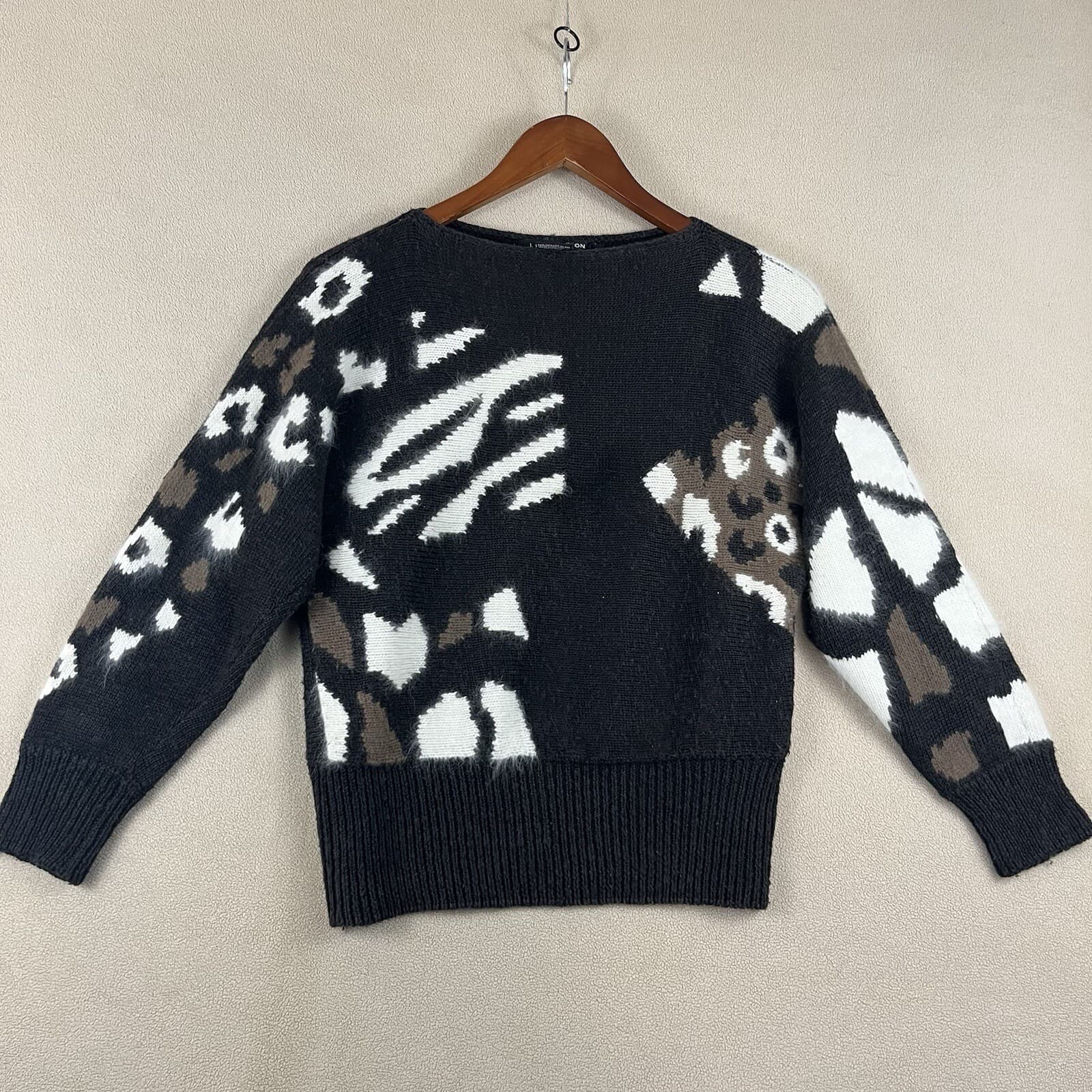 IB Diffusion Womens Sweater Brown Sz Small Ramie Angora Rabbit Animal Print