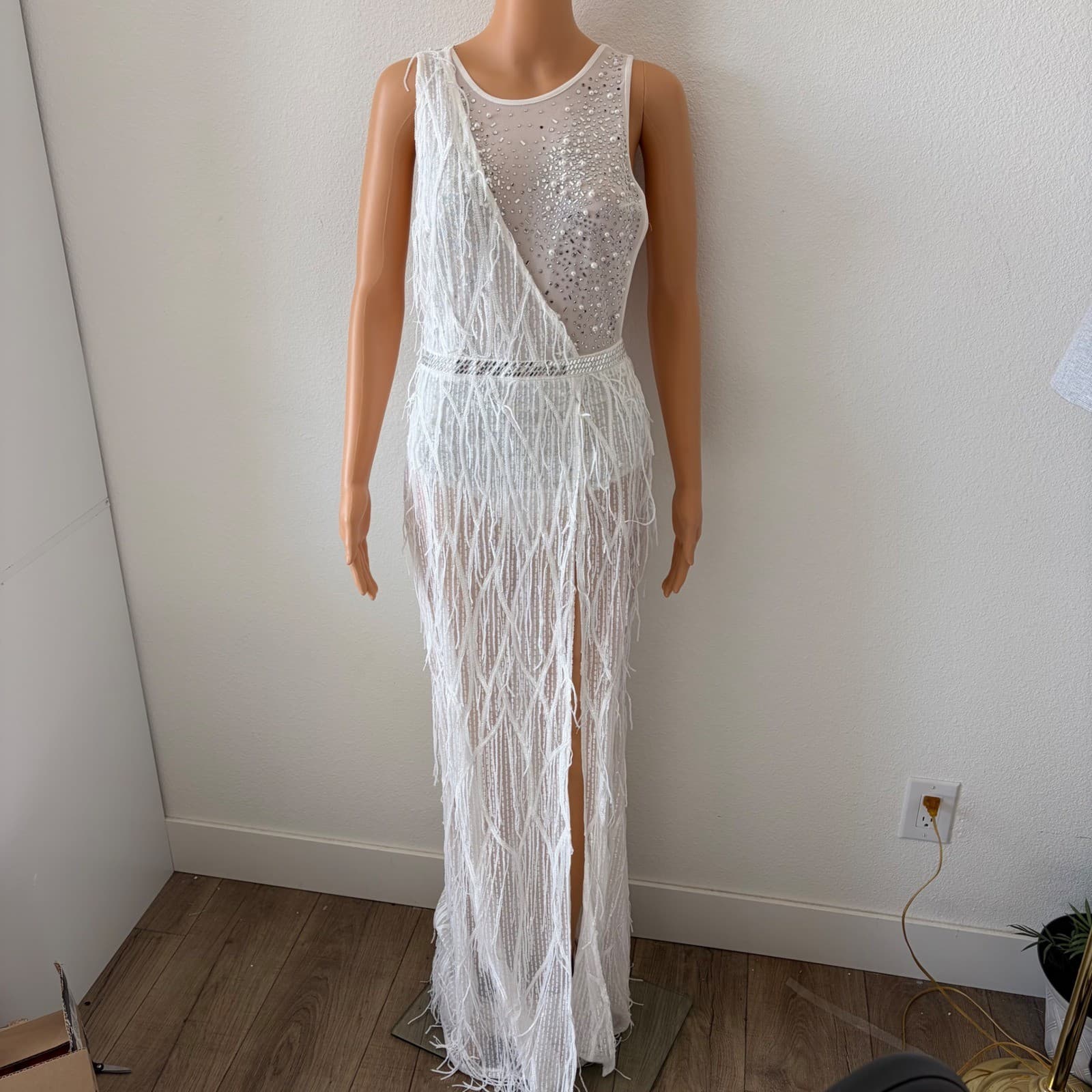 Fashion Nova Fringe Bodysuit Gown Women MED White Pearl Sequin Slit Maxi Dress