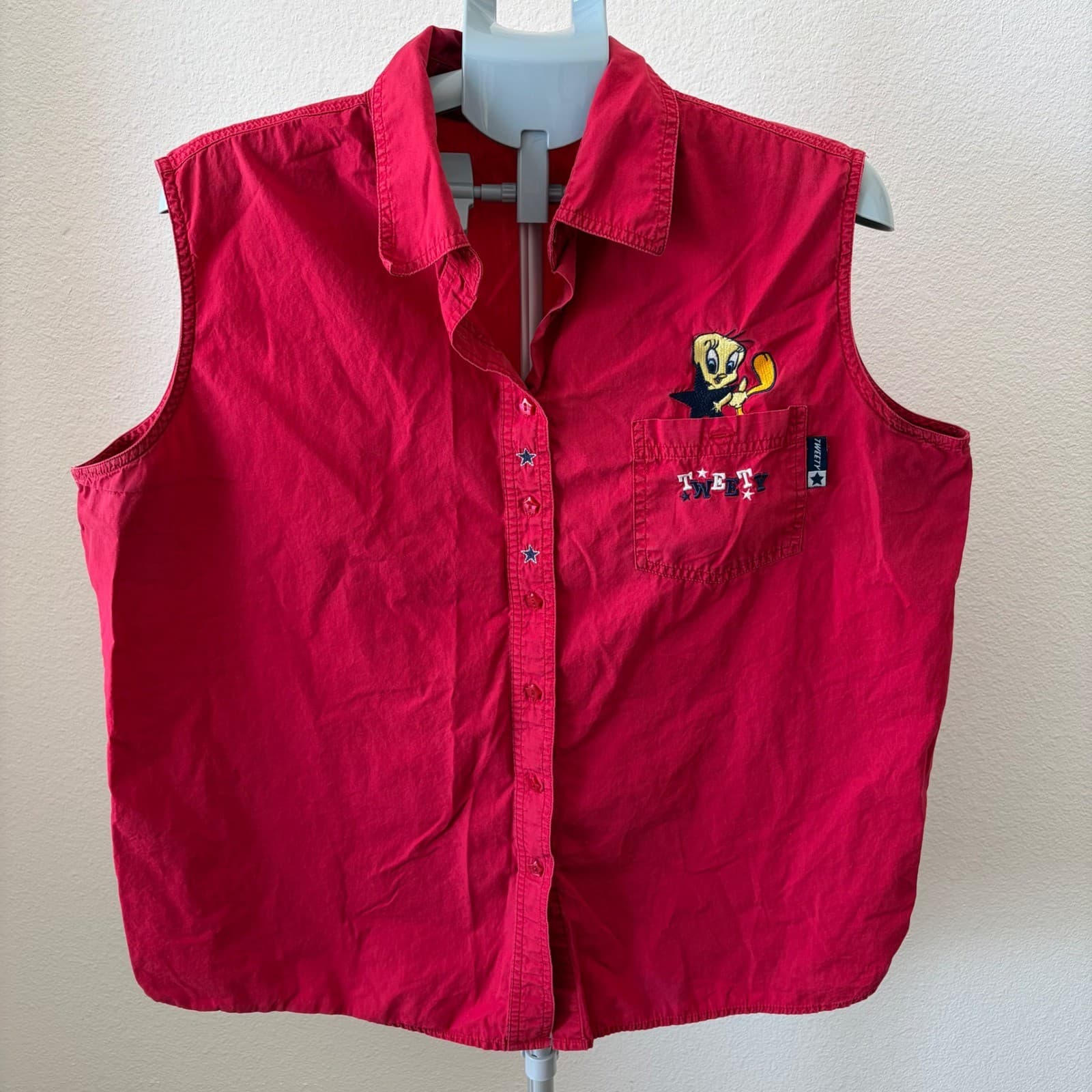Looney Tunes Tweety Bird Shirt Women 18W/20W Red Vintage Star Button Sleeveless