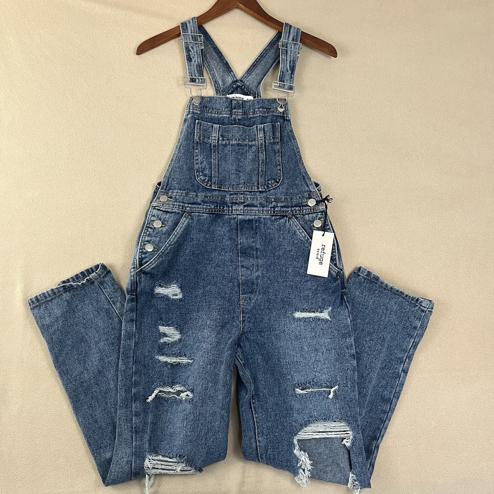 Refuge Overall Bibs Womens Size Small Ripped Distressed Denim Jeans Overalls