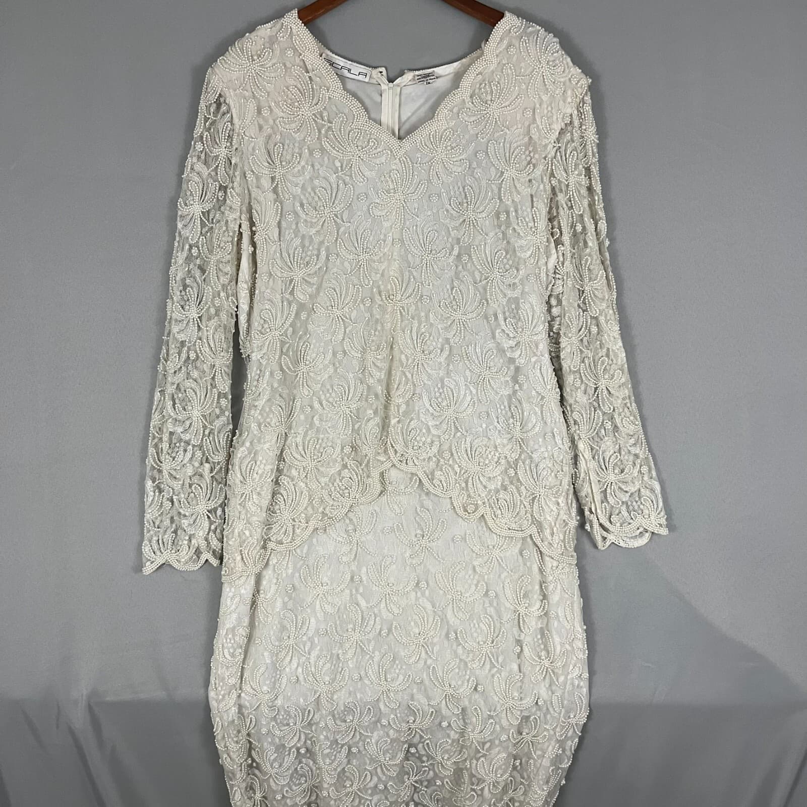 Vintage Scala Dress Women's 1X Ivory Floral Gown Shoulder Pads Formal Wedding