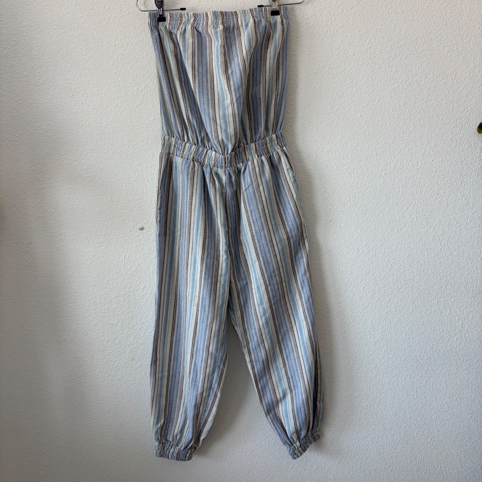 Bishop + Young Jumpsuit Women Size M Blue Striped Strapless Cotton Gauze