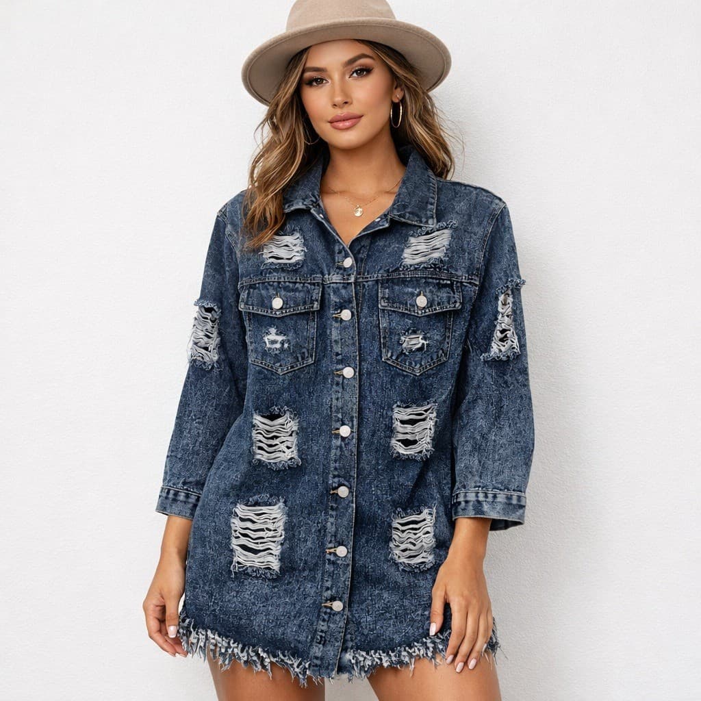 THRILLS Denim Shirt Dress Sz L Distressed Button Grunge Hobo Frayed Hem Festival