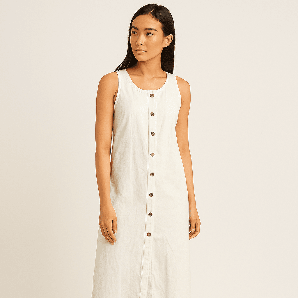 Zara Button-Down Dress Small White Denim Sleeveless Round Neck Front Buttons