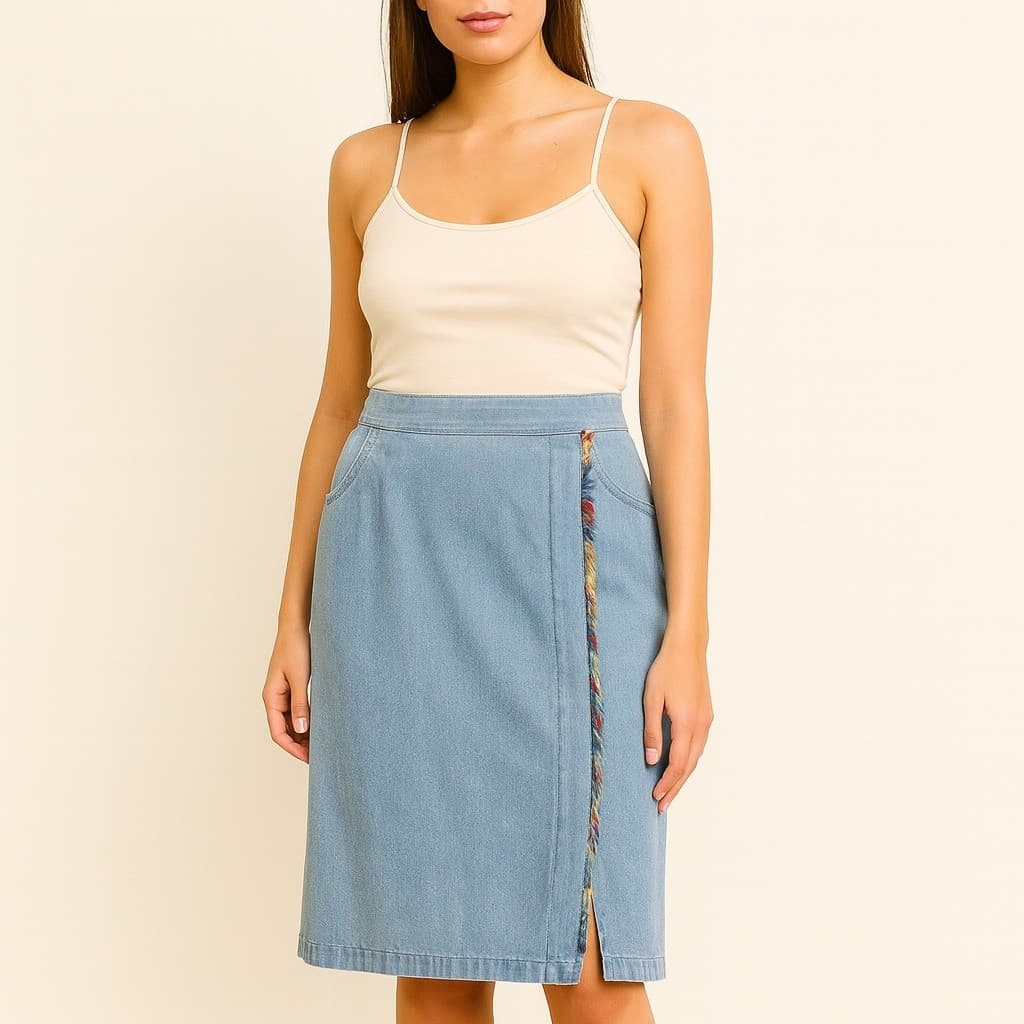 City Girl Sport Denim Skirt Size 10 Light Wash Fringe Trim RN 83254 USA Made Y2K
