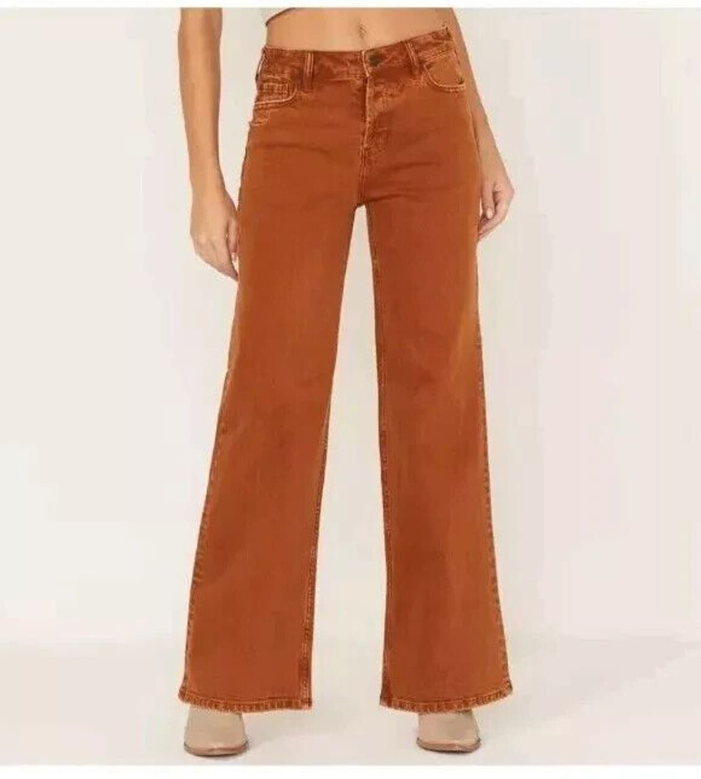 Cloe + Wolf Wide Leg Jeans Women 31X32 Copper Brown Denim Distressed Button Fly