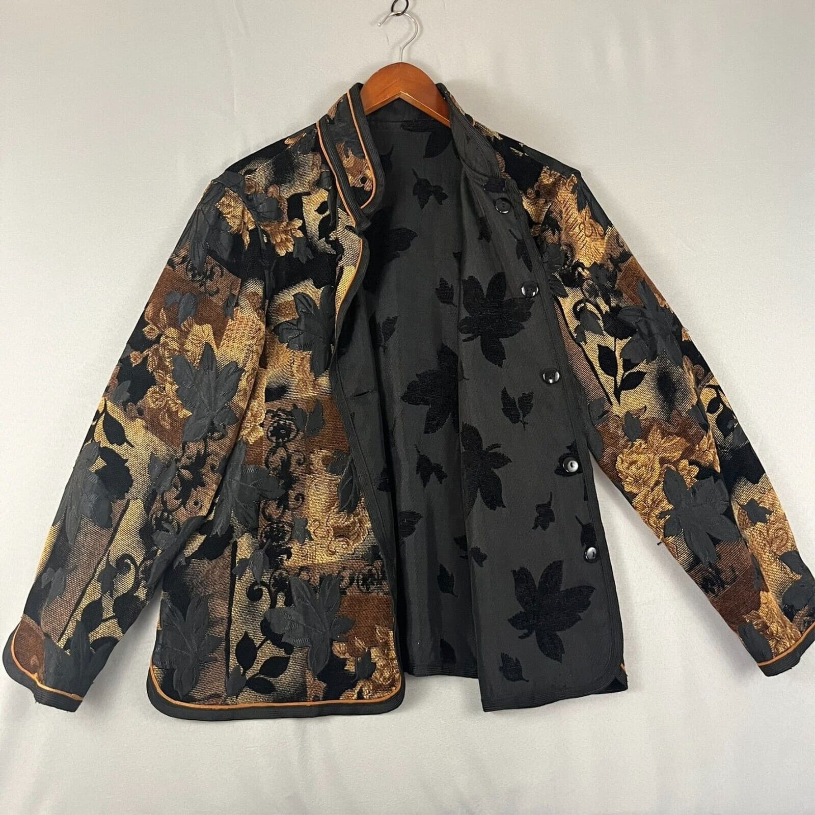 Women Reversible Tapestry Jacket Mrd Brown Fall Leaves Coat Cottage Countryside