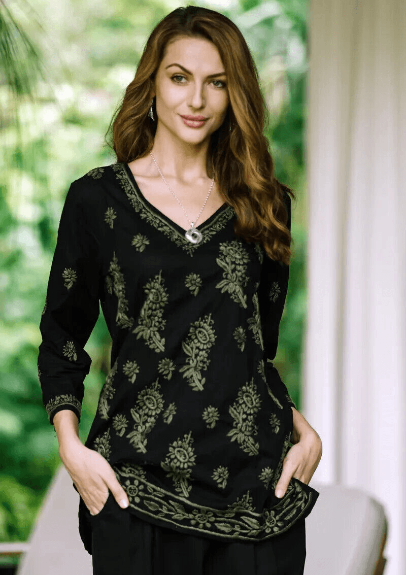Novica Black & Sage Green LG Cotton Tunic with Hand Embroidered Details Boho