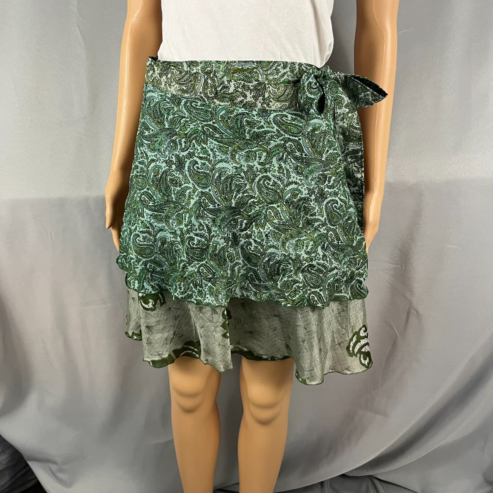 Womens Wrap Skirt Green Paisley Tiered Flowy Bohemian Hippie Magic Festival OS