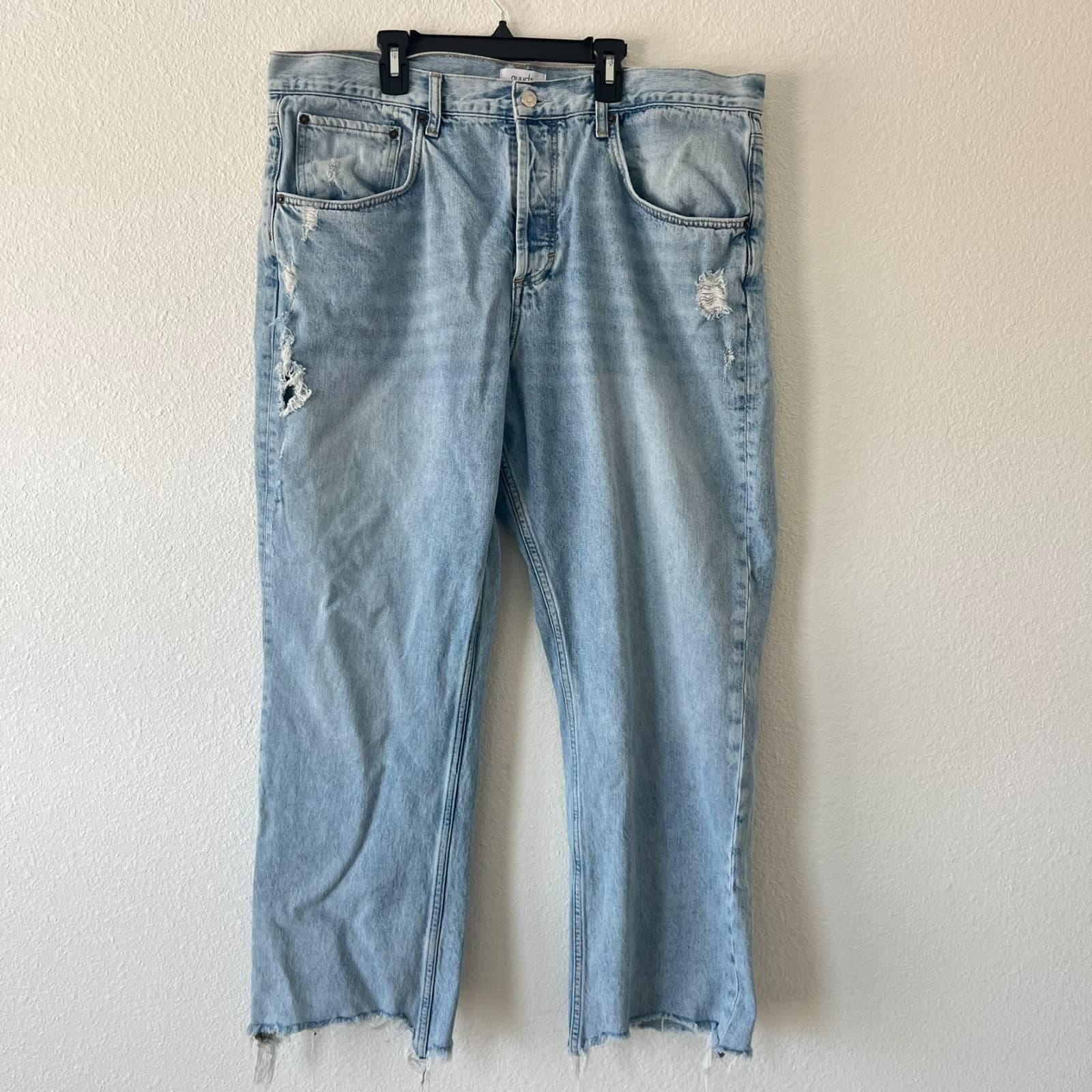 Nuuds Baggy Jeans Women's 34 Blue Denim Cotton Distressed Thrashed Frayed Hem