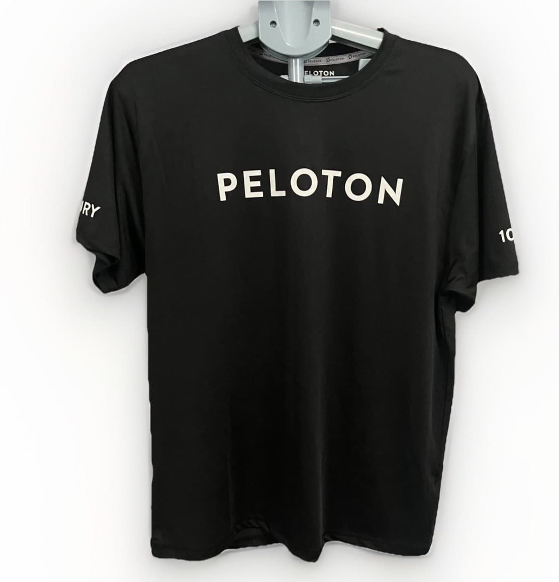 Peloton Century 100 Shirt Mens L Black Graphic Logo Stretch Crew Neck Pullover