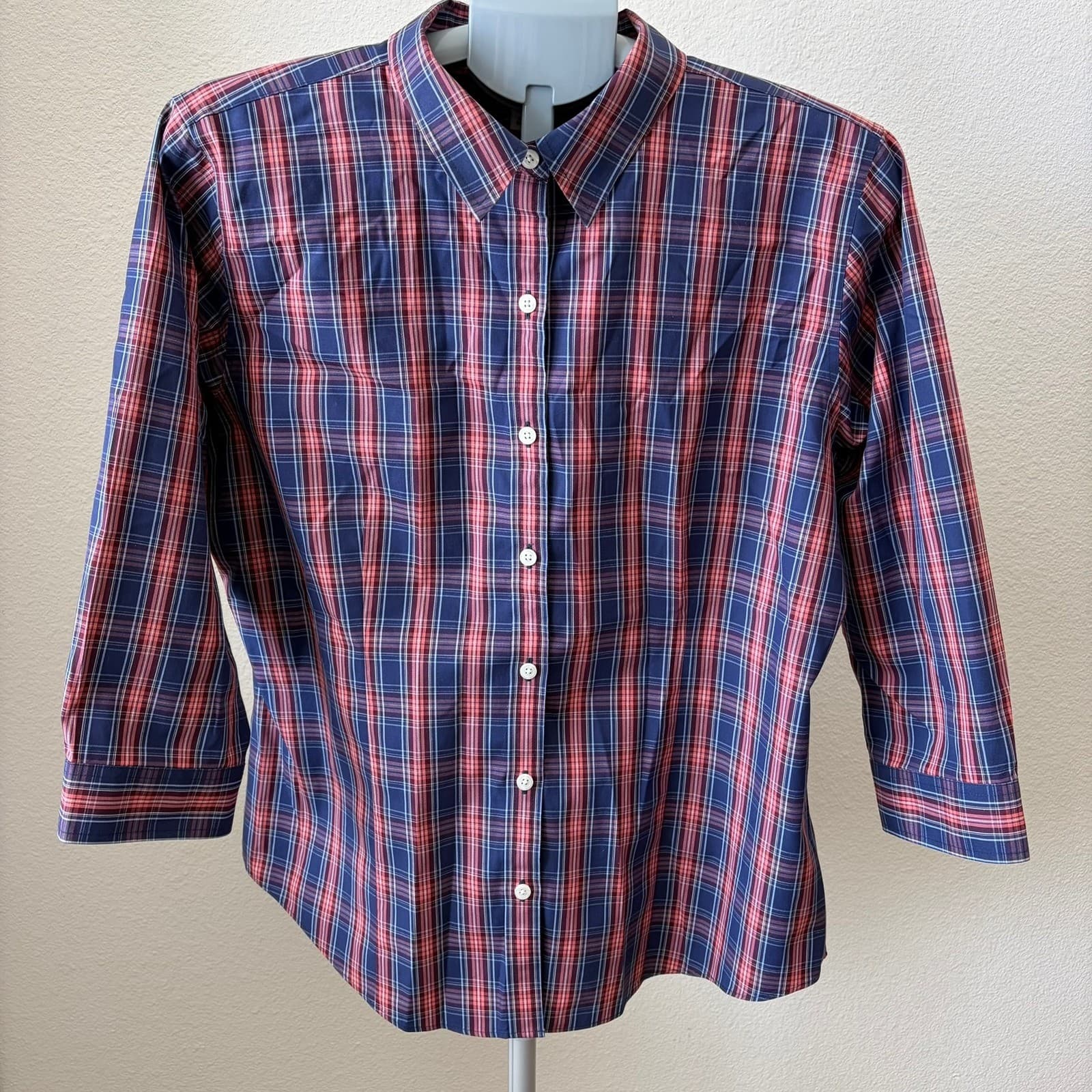 L.L.Bean Button Down Women Large Blue Red Plaid Wrinkle Free 3/4 Sleeve 503441