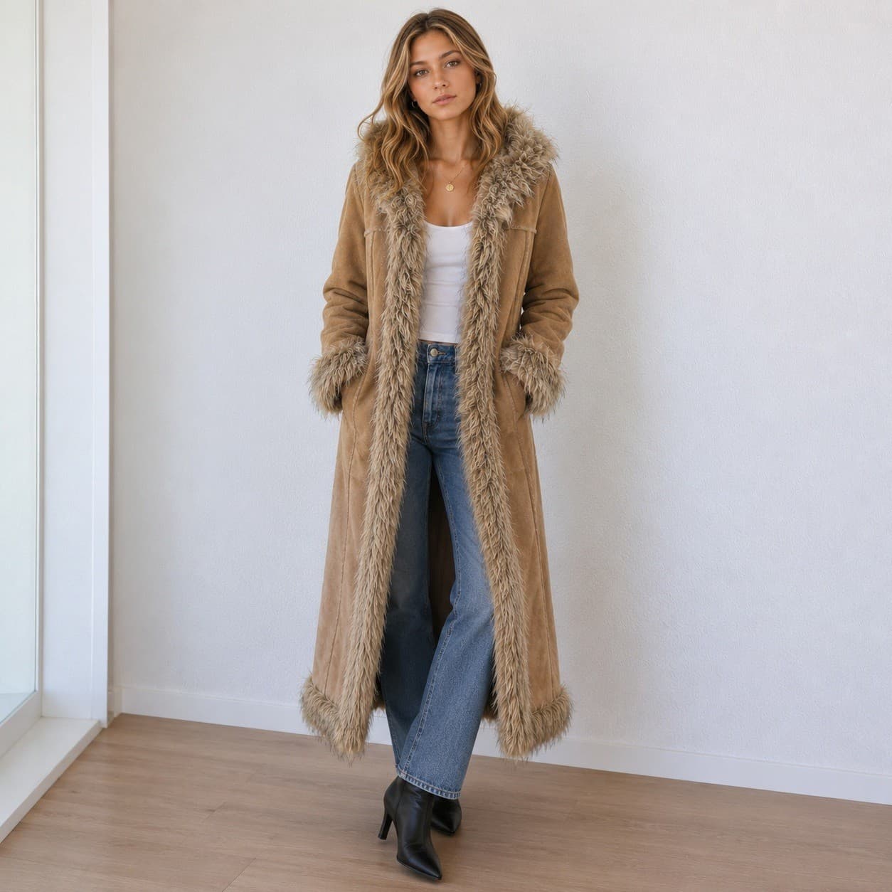 Blanc Noir Penny Lane Coat Womens Medium Tan Faux Suede Fur Trim Hooded Y2K Boho