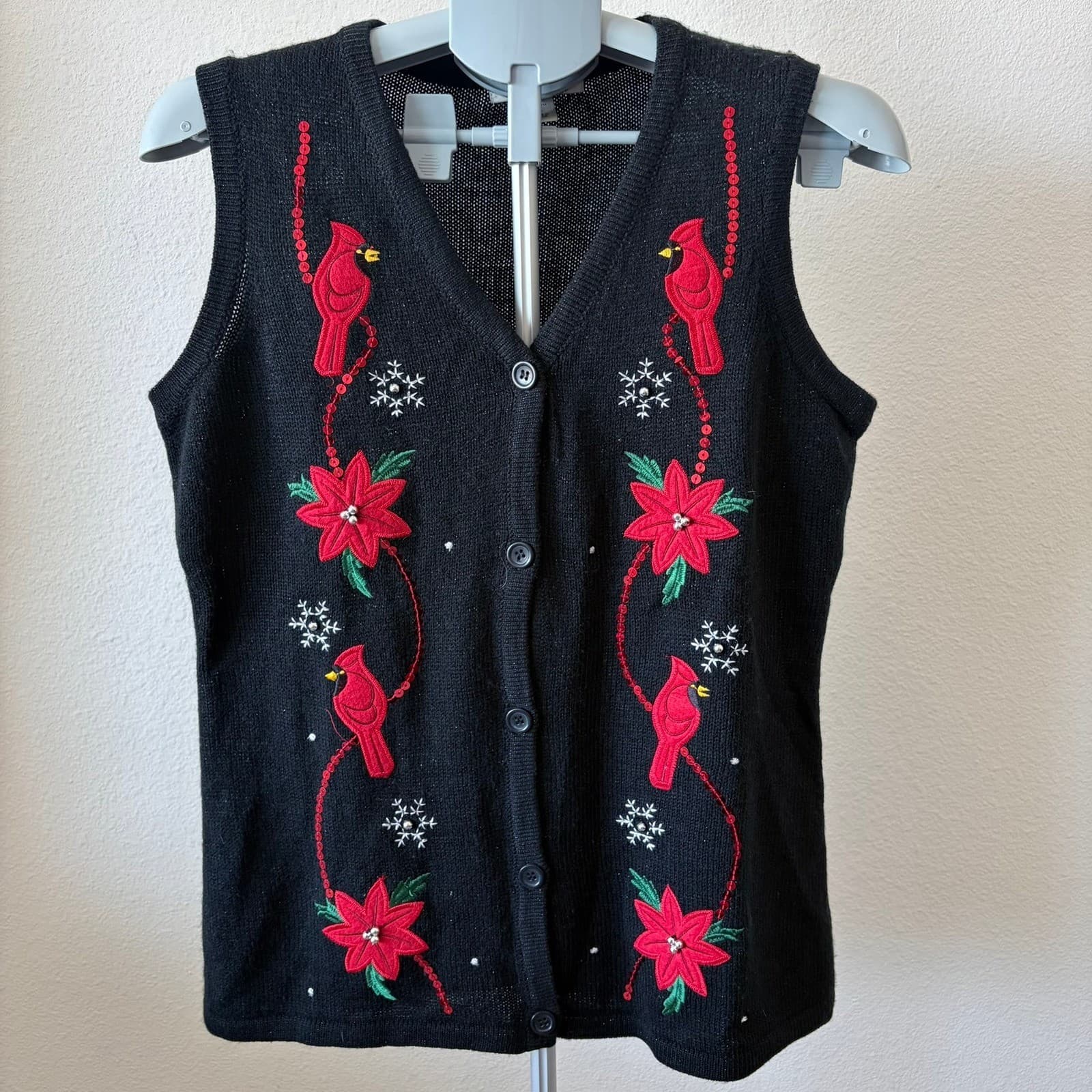 Susan Bristol Womens Christmas Cardinal Poinsettia Vest Black Sz M Vtg Granny