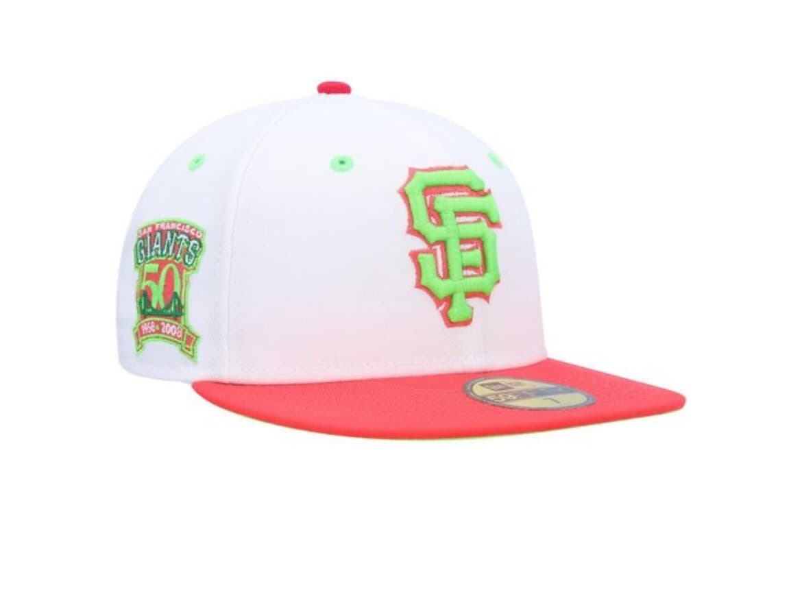 59Fifty San Francisco Giants hat 7-1/8 White Coral Neon Fitted Anniversary Lolli