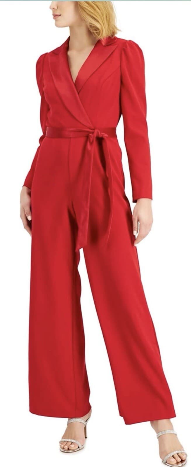 Adrianna Papell Womens Knit Crepe Tuxedo Jumpsuit Red 4 Long-sleeve WORN ONCE