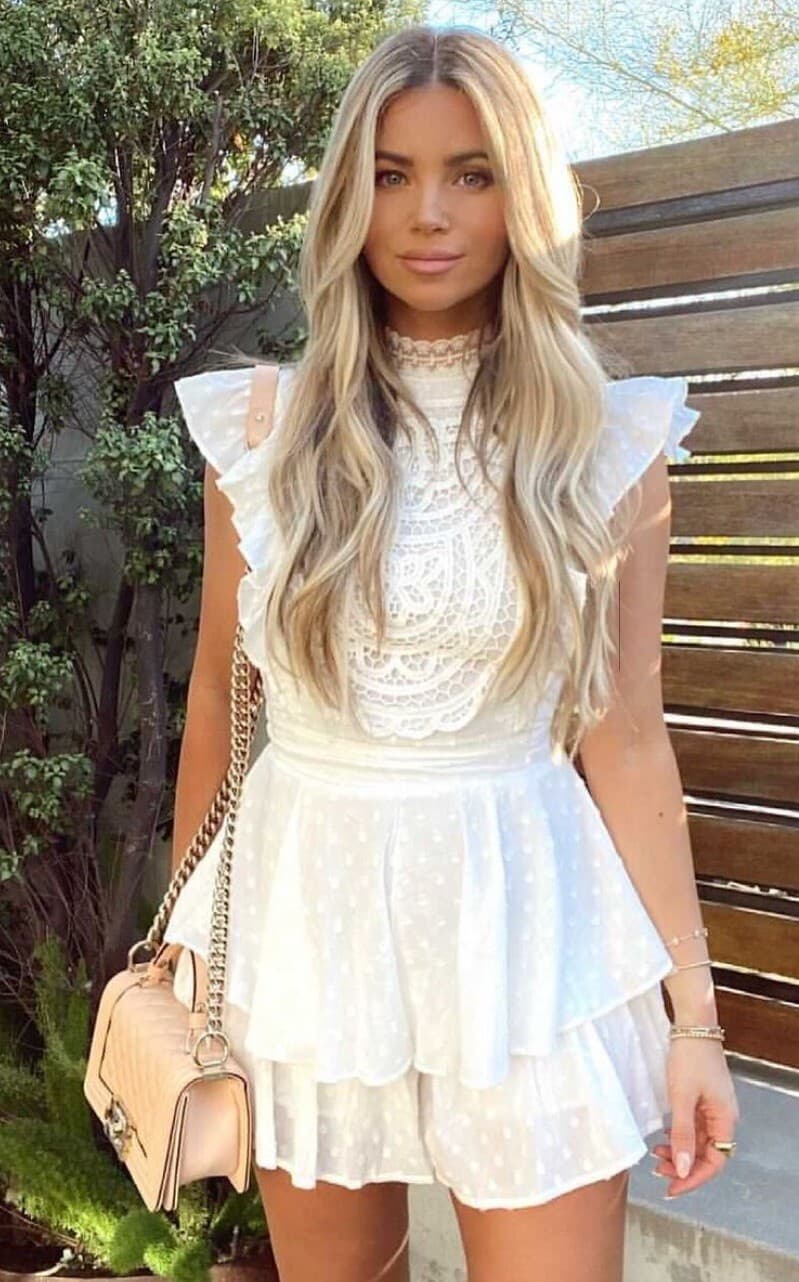 VICI collection Sentimental Cotton Lace Ruffle Romper Jumpsuit White Medium