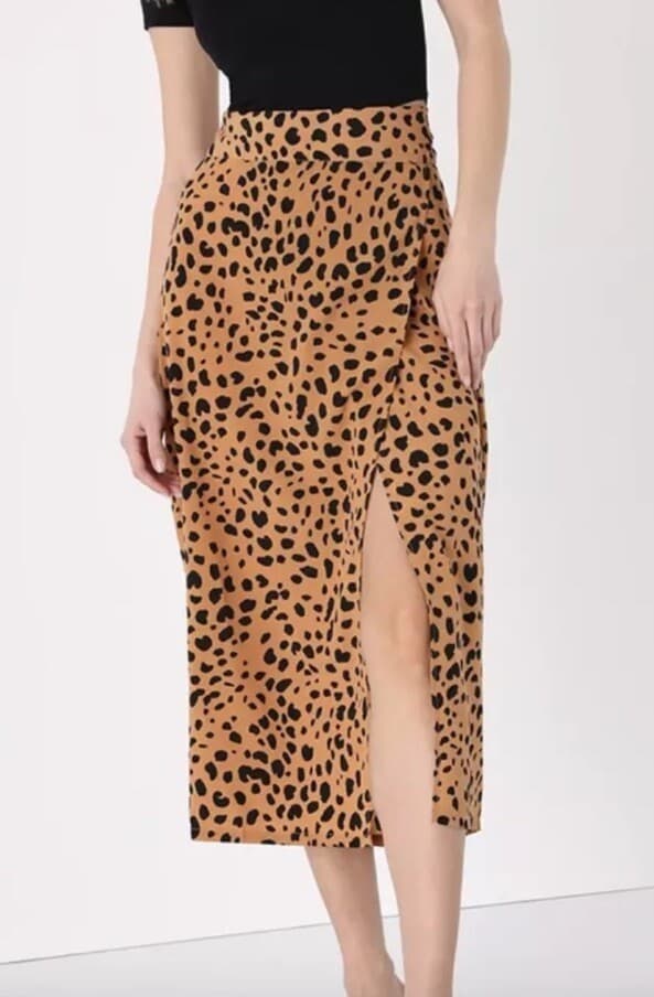 Lulu's Tan Animal Print Wrap Midi Skirt Size Medium Cheetah M Brown Black