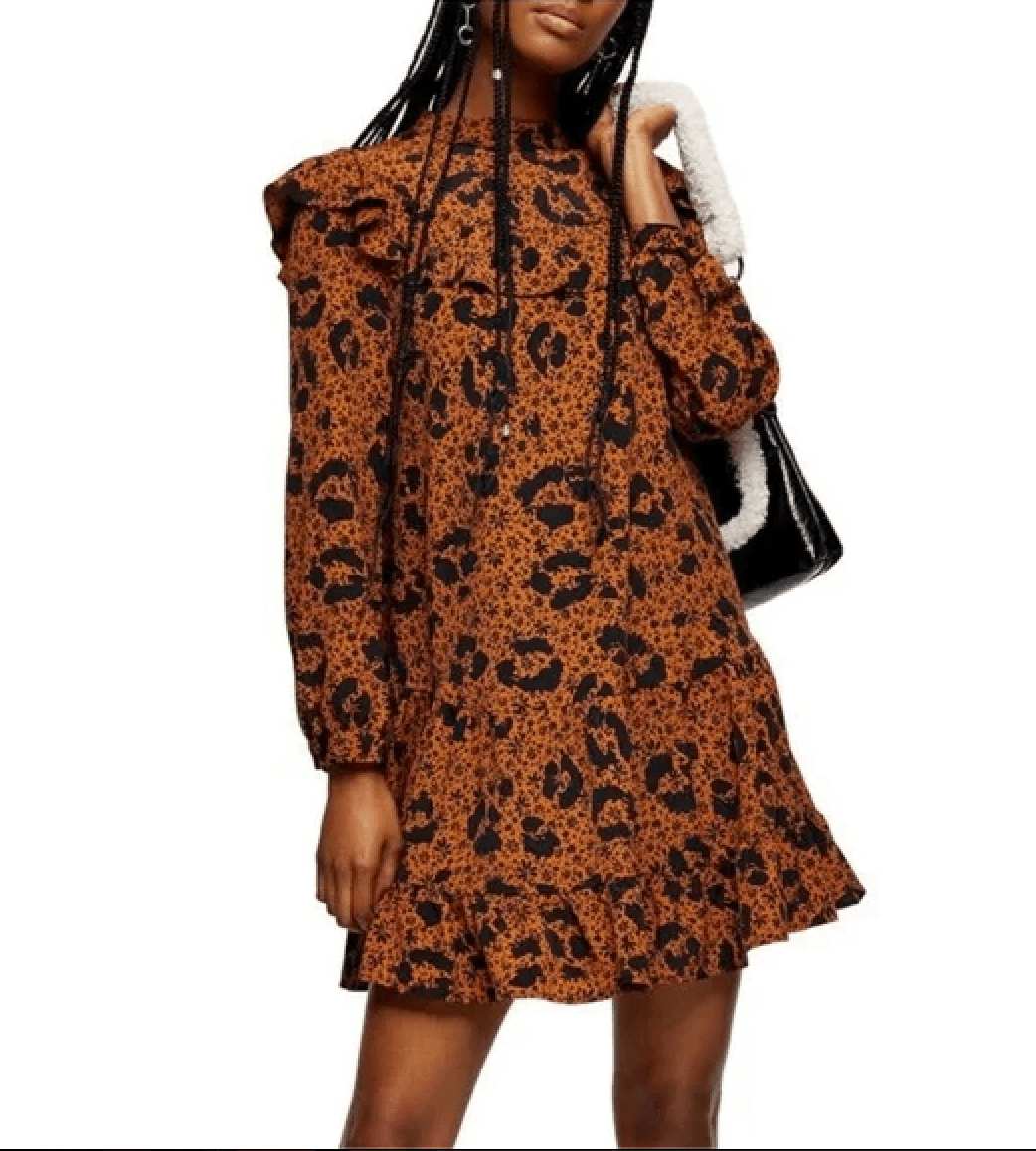 Topshop Brown Black Ruffle Yoke Long Sleeve Dress Women’s Size 8 Leopard floral