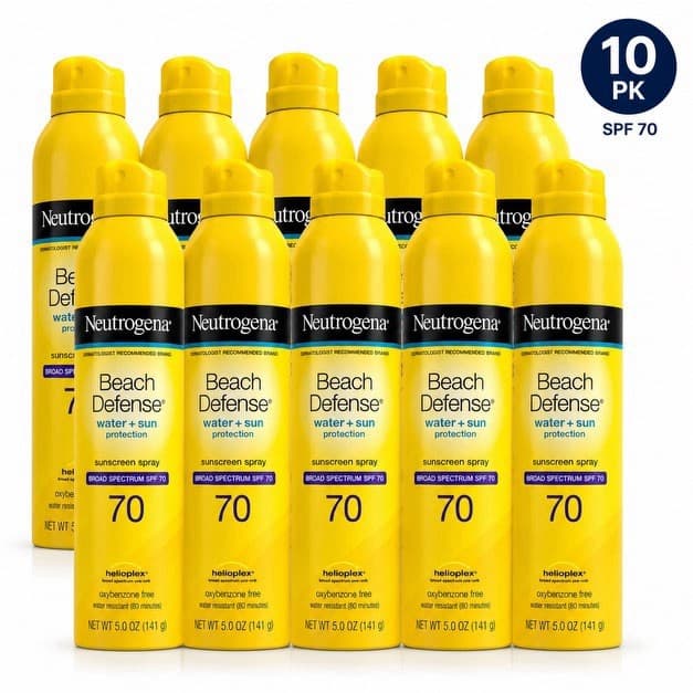 10 PACK Neutrogena Beach Defense Sunscreen Spray Lotion SPF 70- 5 Oz. Exp 11/26