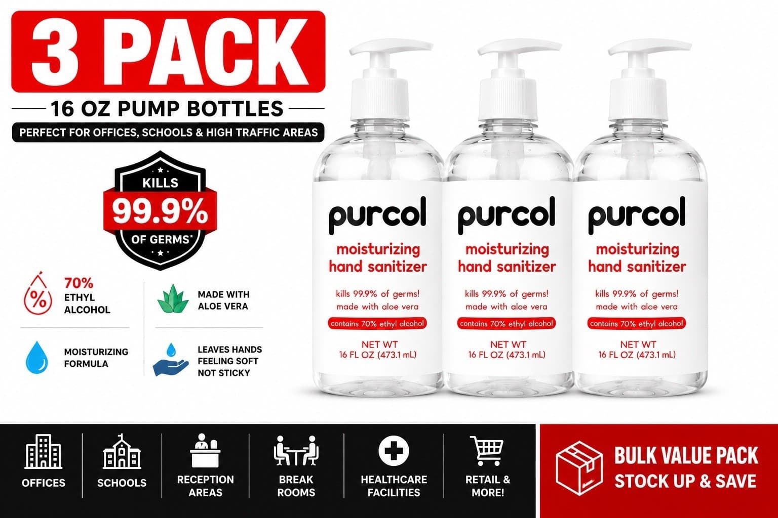 16 Oz. Pump Hand Sanitizer- Fast Drying, Moisturizing, Travel & Home Use