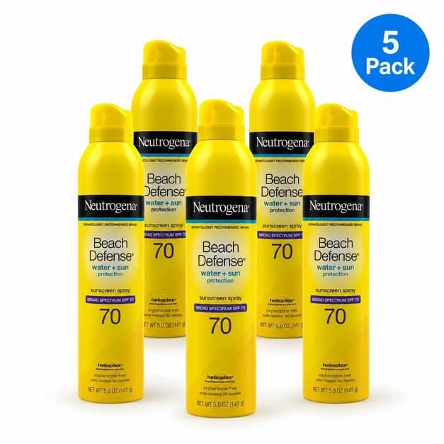 5 Pack- New Neutrogena SPF 70 Beach Defense Sunscreen Spray Lotion (5 Oz.)
