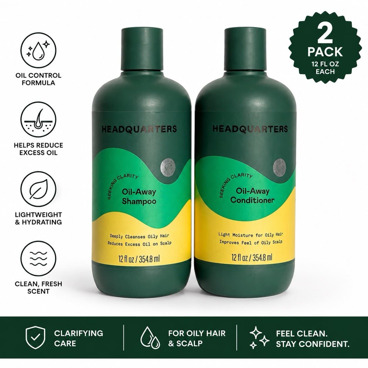 HEADQUARTERS Oil-Away Shampoo Conditioner Set 12 Oz. Oily Hair Control Duo