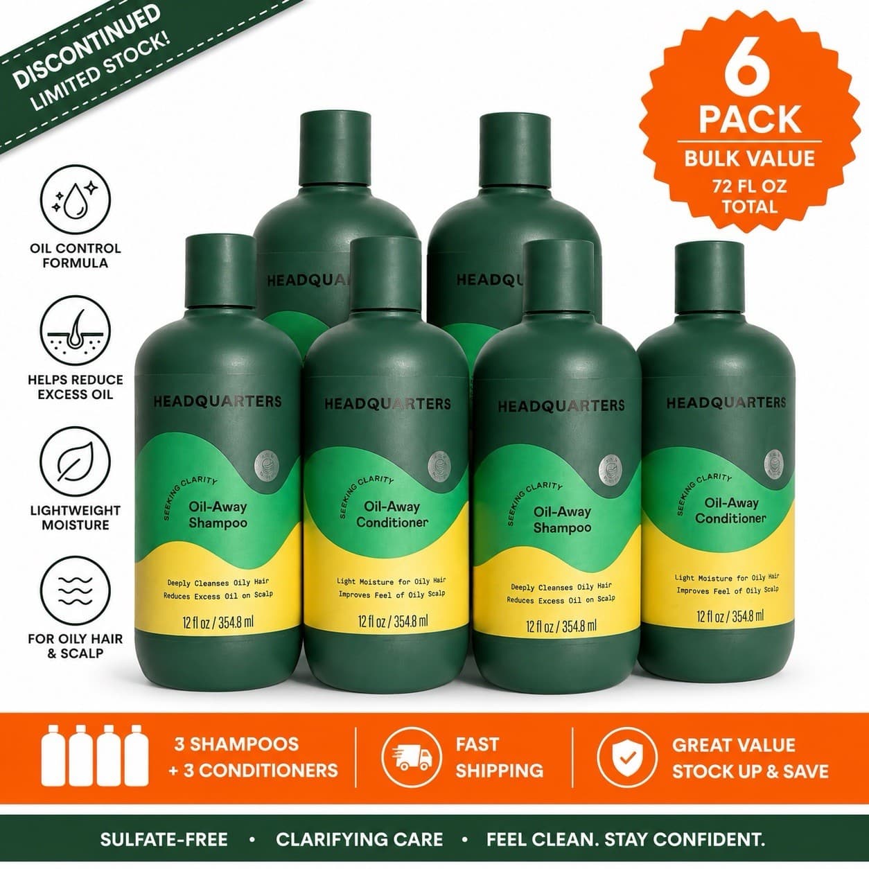 Headquarter Oil Away Shampoo & Conditioner 12oz Hair Care Bulk 6 Pack