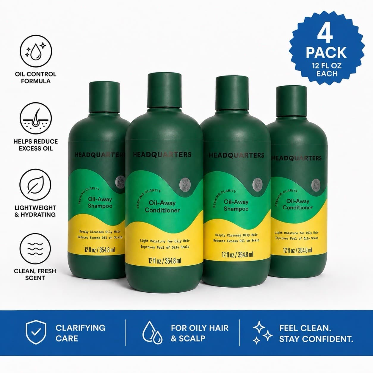 HEADQUARTERS Shampoo Conditioner 4 Pack 12oz Oily Hair Control DISCONTINUED