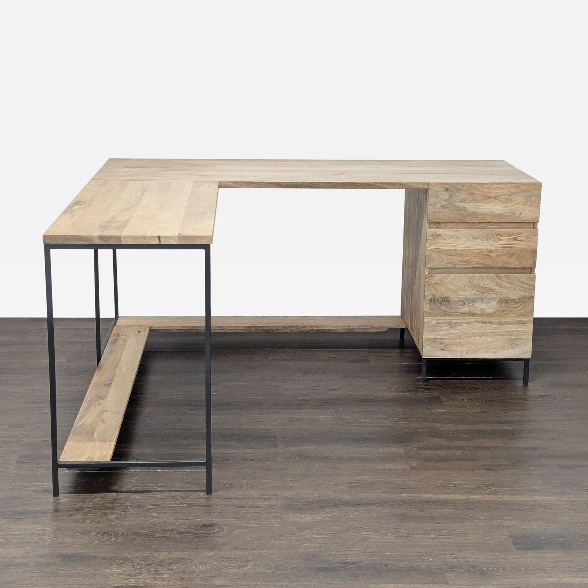 West Elm L-Shaped Wood and Metal Desk with Storage Drawers
