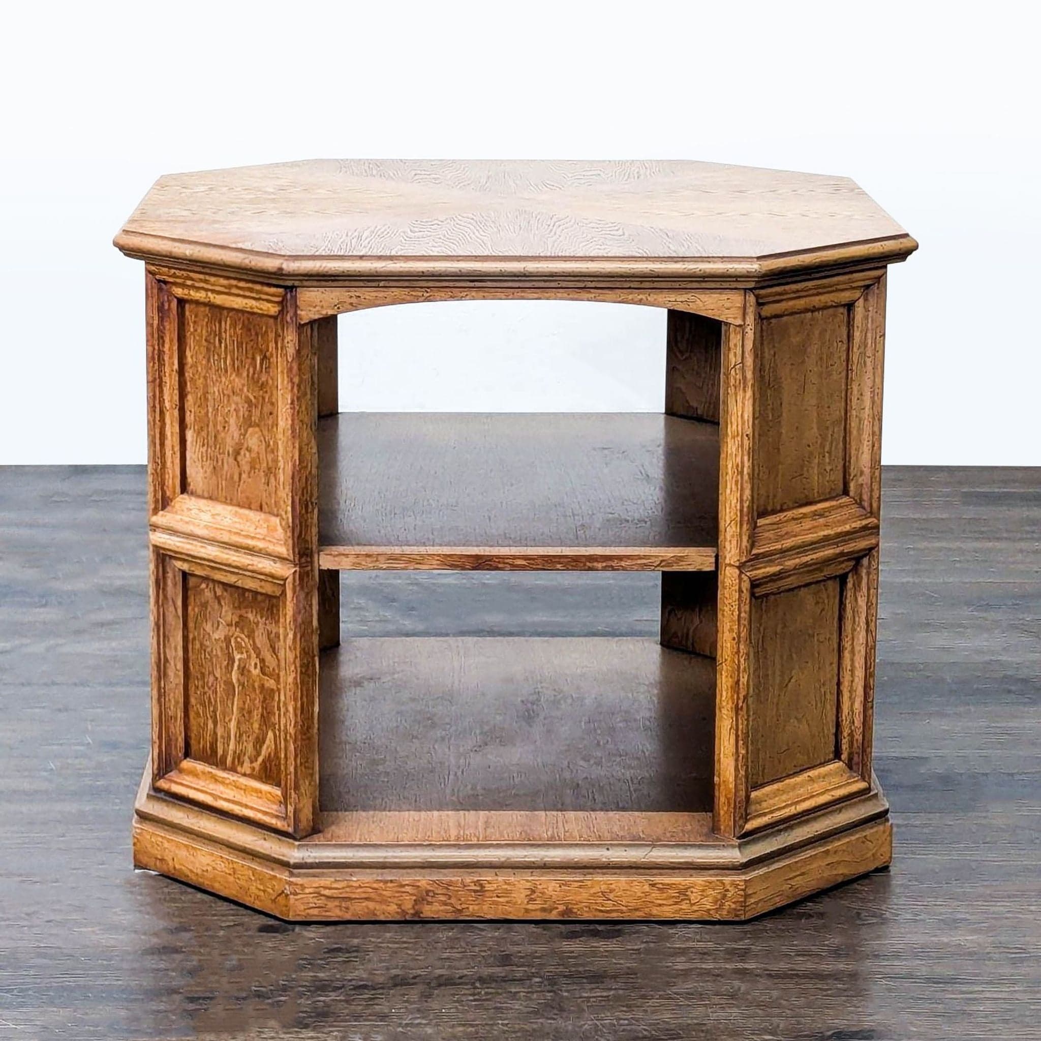 Vintage Octagonal Wood End Table with Open Shelf
