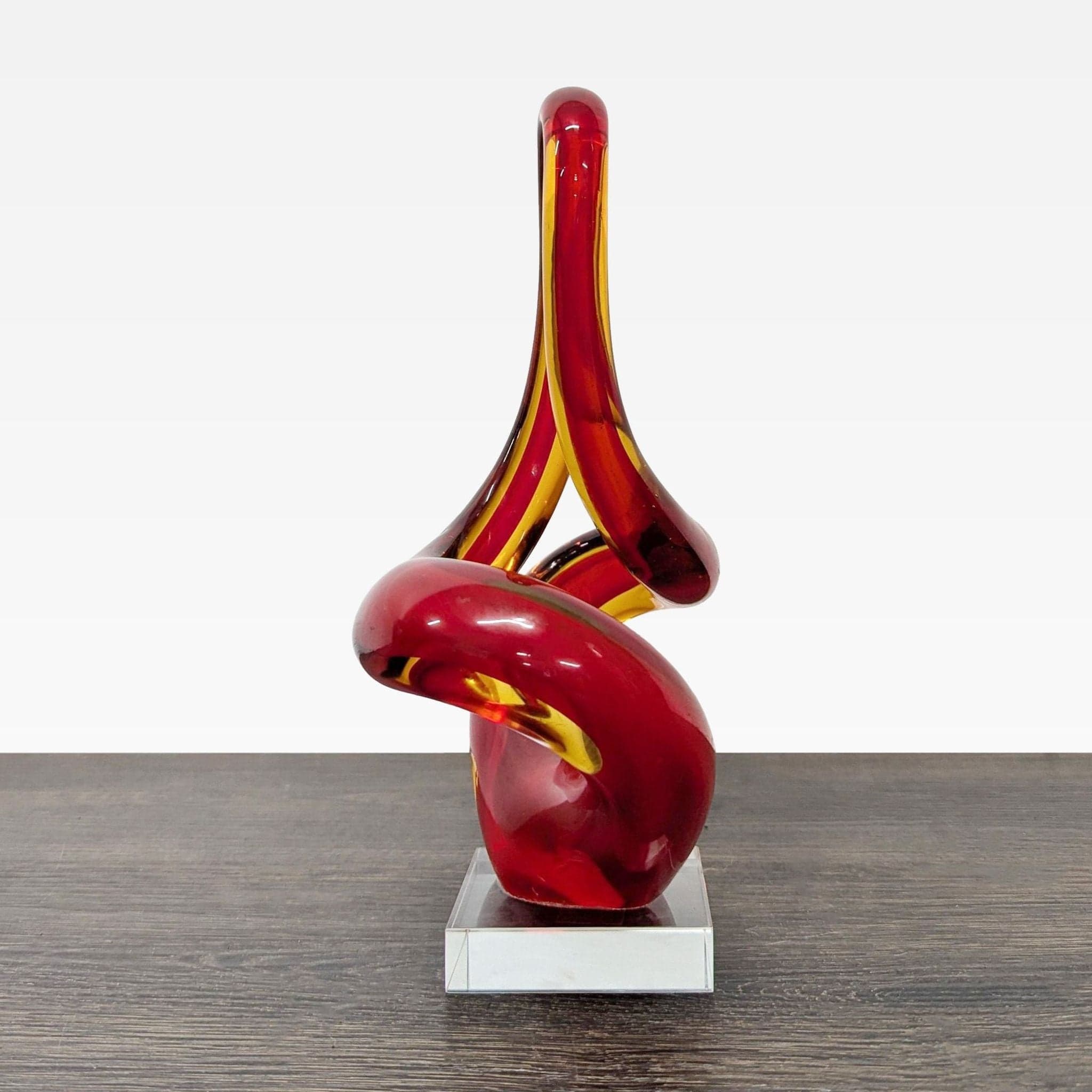 Modern Abstract Red and Amber Glass Sculpture on Clear Base