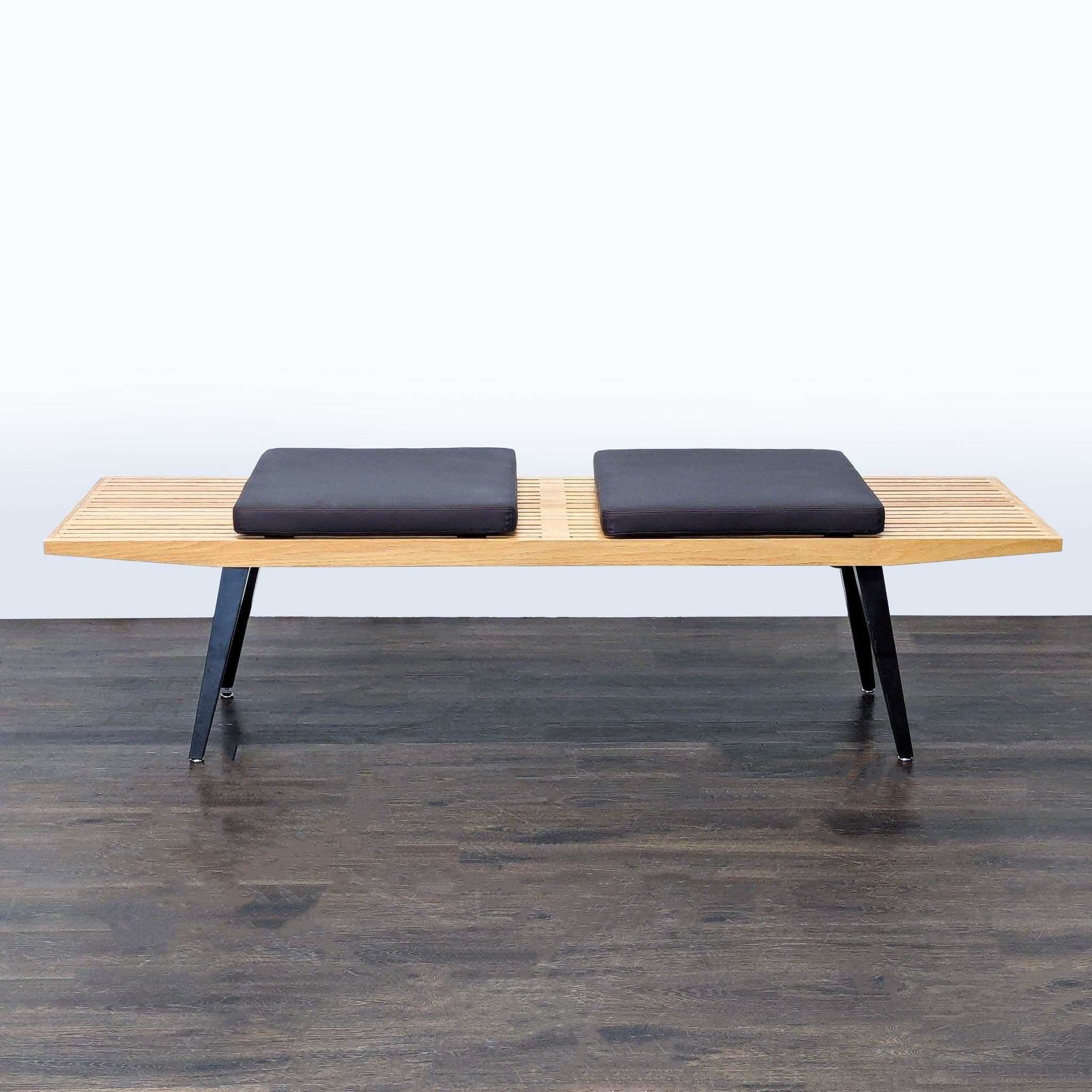 Mid-Century Slatted Wood Bench with Cushions
