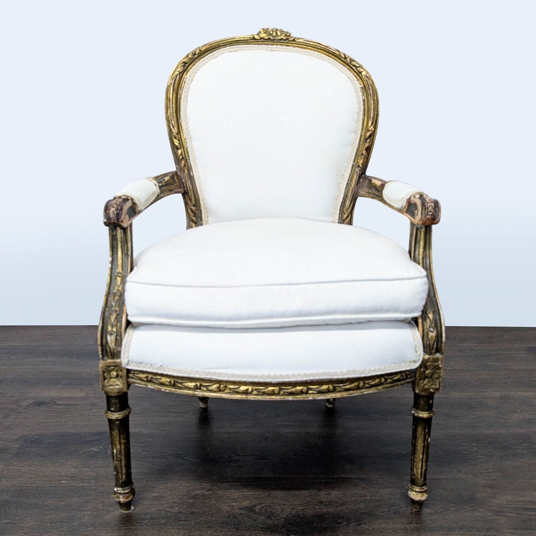 Vintage White Upholstered Lounge Chair with Ornate Gold Wooden Frame