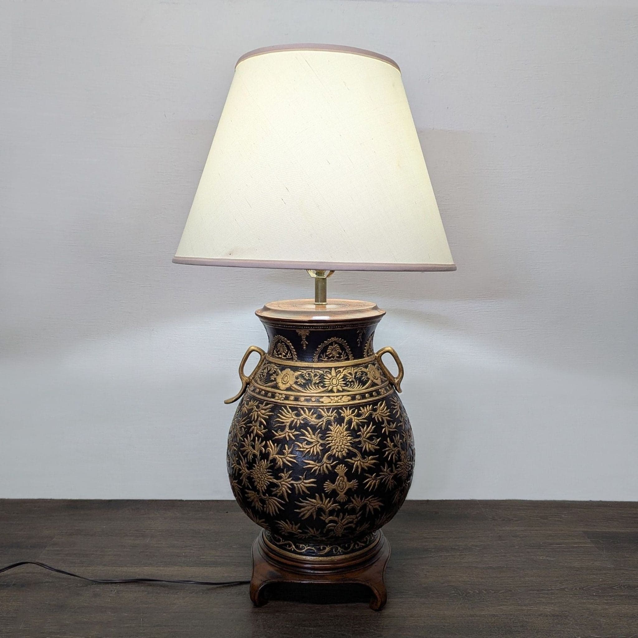Elegant Black and Gold Floral Table Lamp with Classic Shade