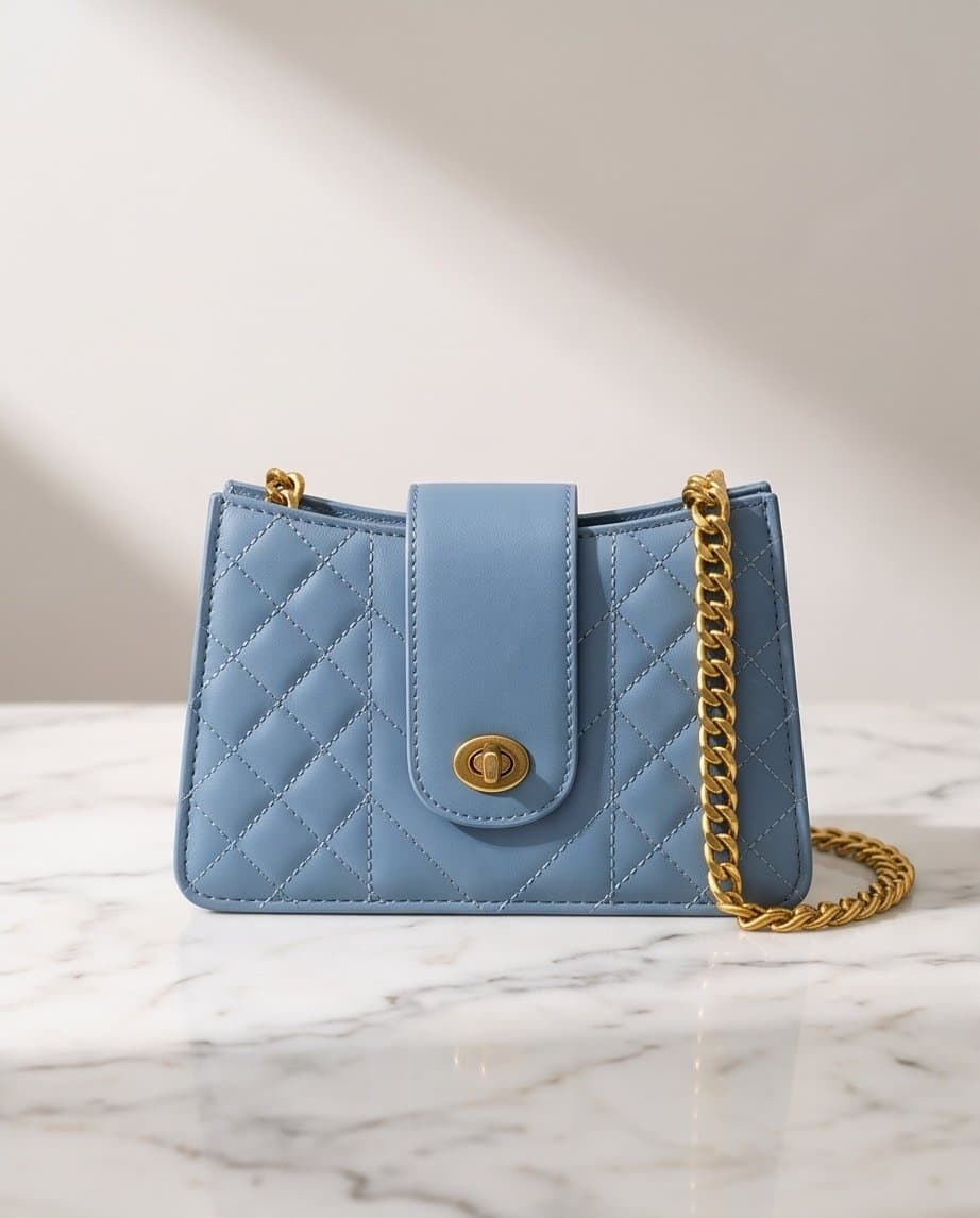 Scarleton gold chain evening bag in a light blue