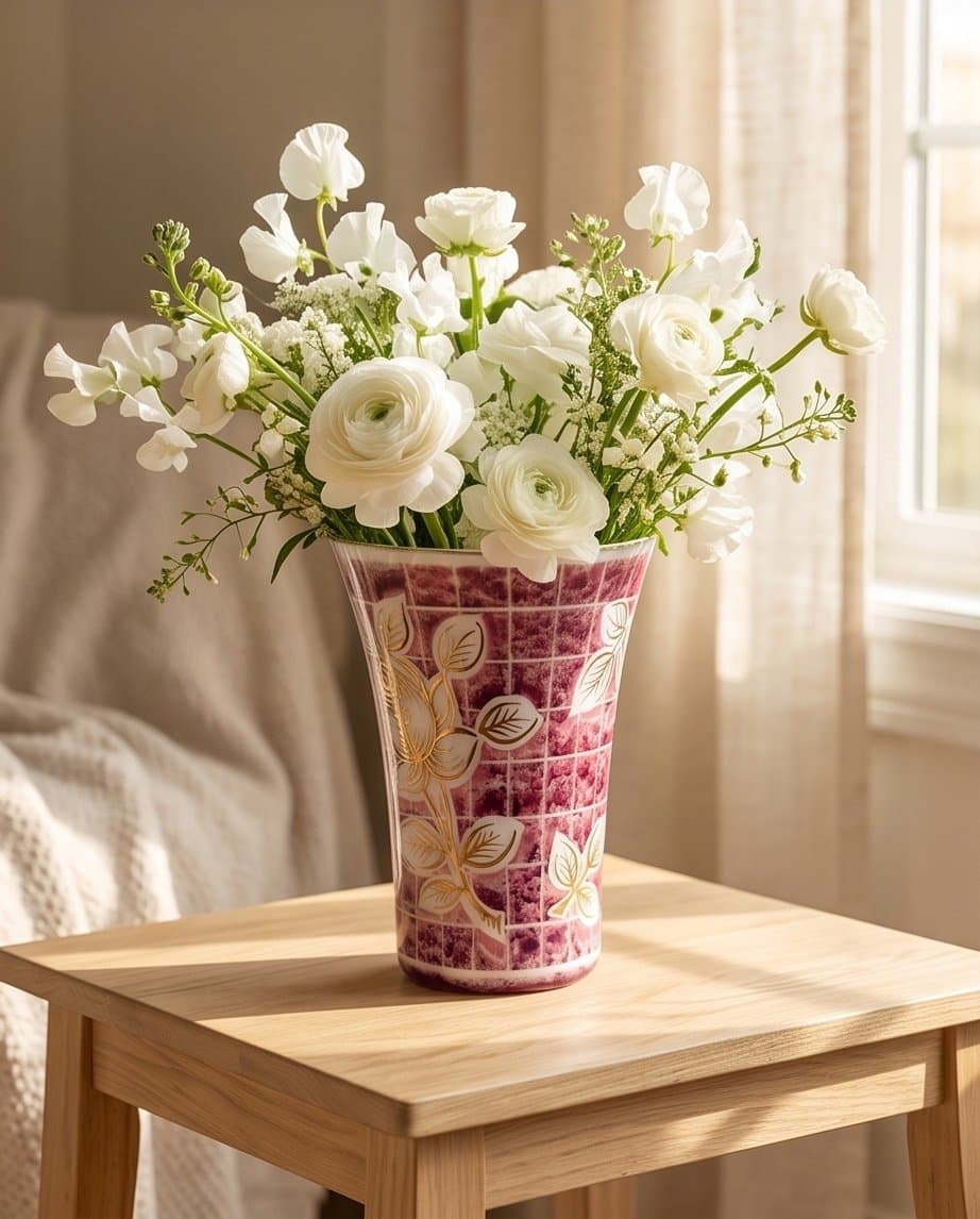 Vintage pink and white case glass vase with floral gold accents