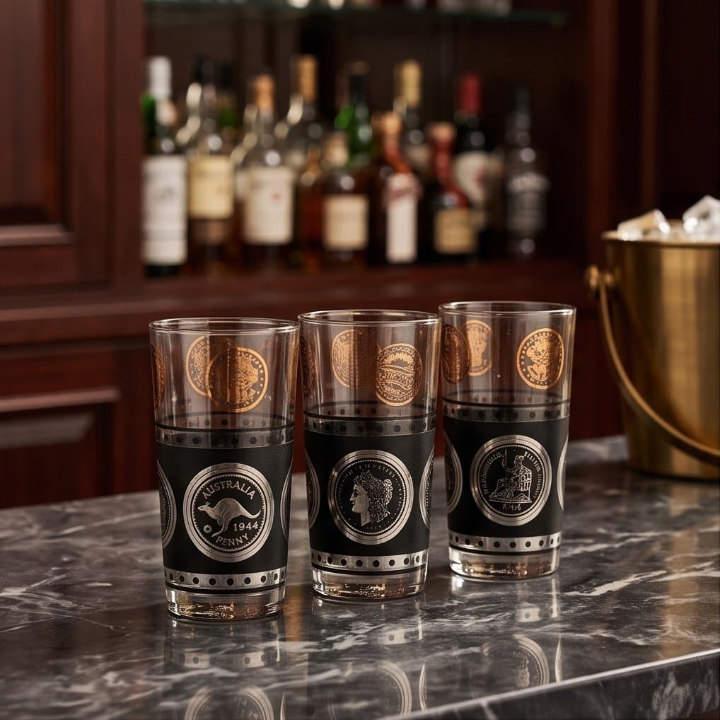 Set of three vintage mid-century coins around the world drinking glasses