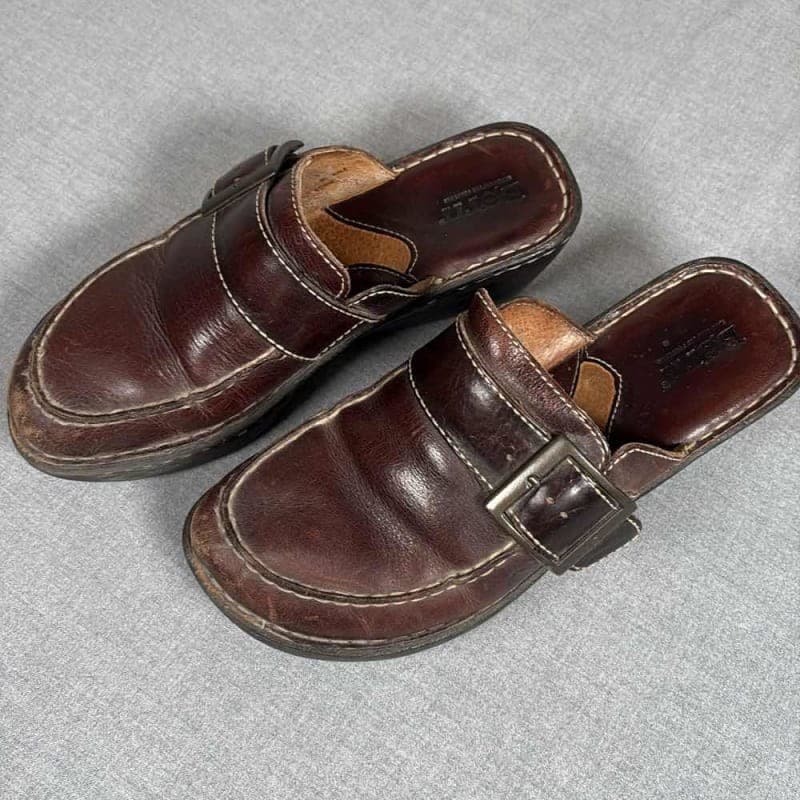 BORN Brown Leather Buckle Slip On Mules Women's 5