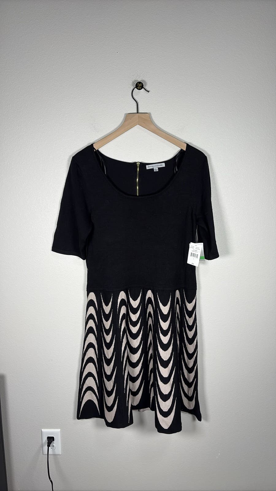 Danny & Nicole Womens Fit & Flare Sweater Dress M Black Tan Geometric